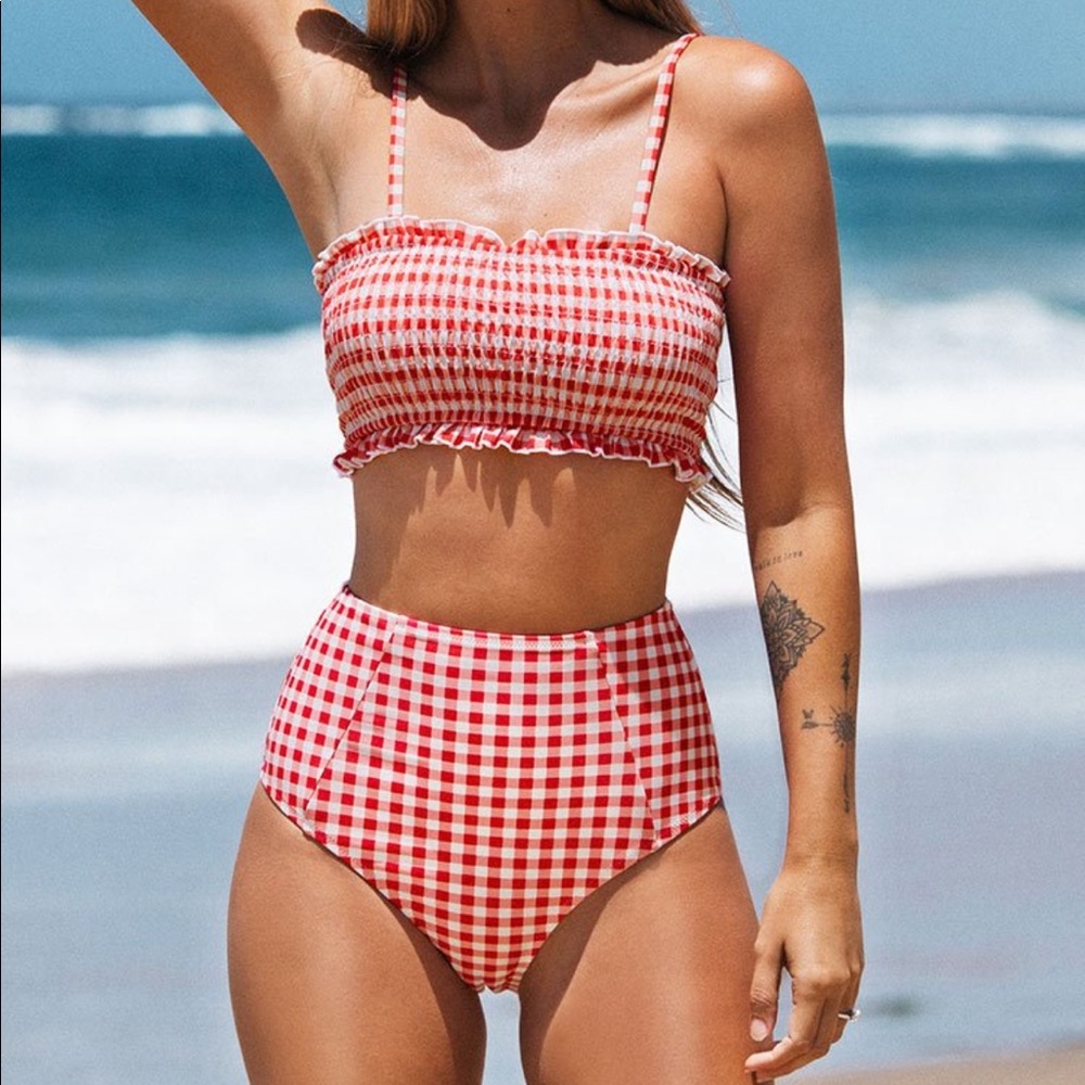 Cupshe Red Gingham Smocked Bikini, Size M